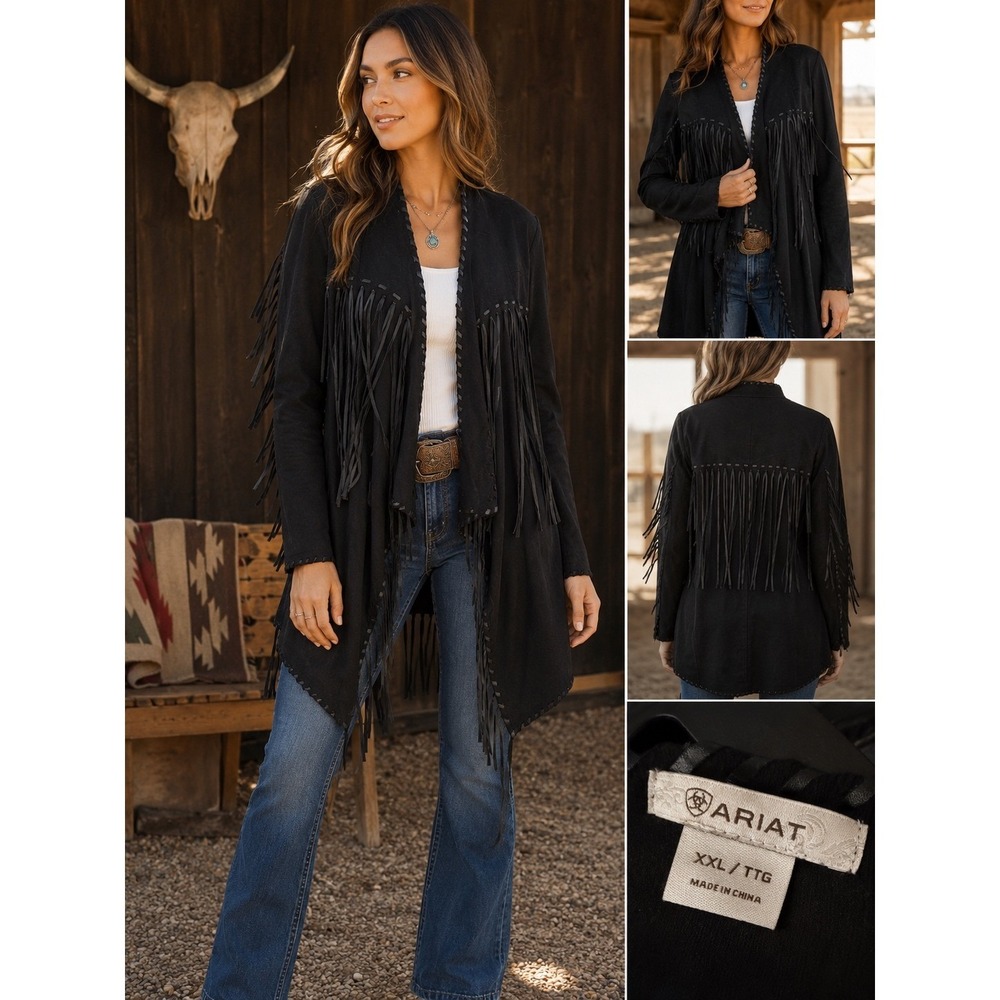 Ariat Western Fringe Open Front Cardigan XXL Black Western Wrap Cotton Blend
